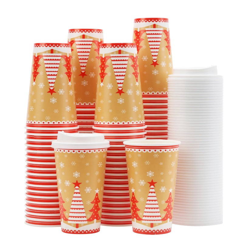 Tamone 100 PACK Christmas Cups 16OZ Disposable Coffee Cups with Lids, To Go Coffee Cups with Lids Leak Proof, Christmas Tree Paper Cups for Cold/Hot Coffee Beverage Chocolate Cocoa for Home Office - Image 1